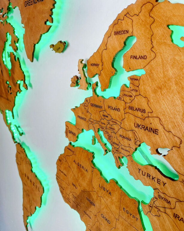 Drewniana Mapa Świata Podświetlana LED - 150x70cm