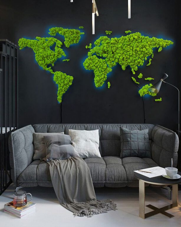 Mapa świata z mchu chrobotka - zielona mapa LED