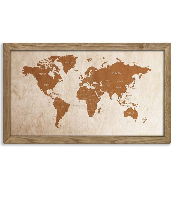 Drewniany obraz – Mapa Świata w dębowej ramie - 20x30cm